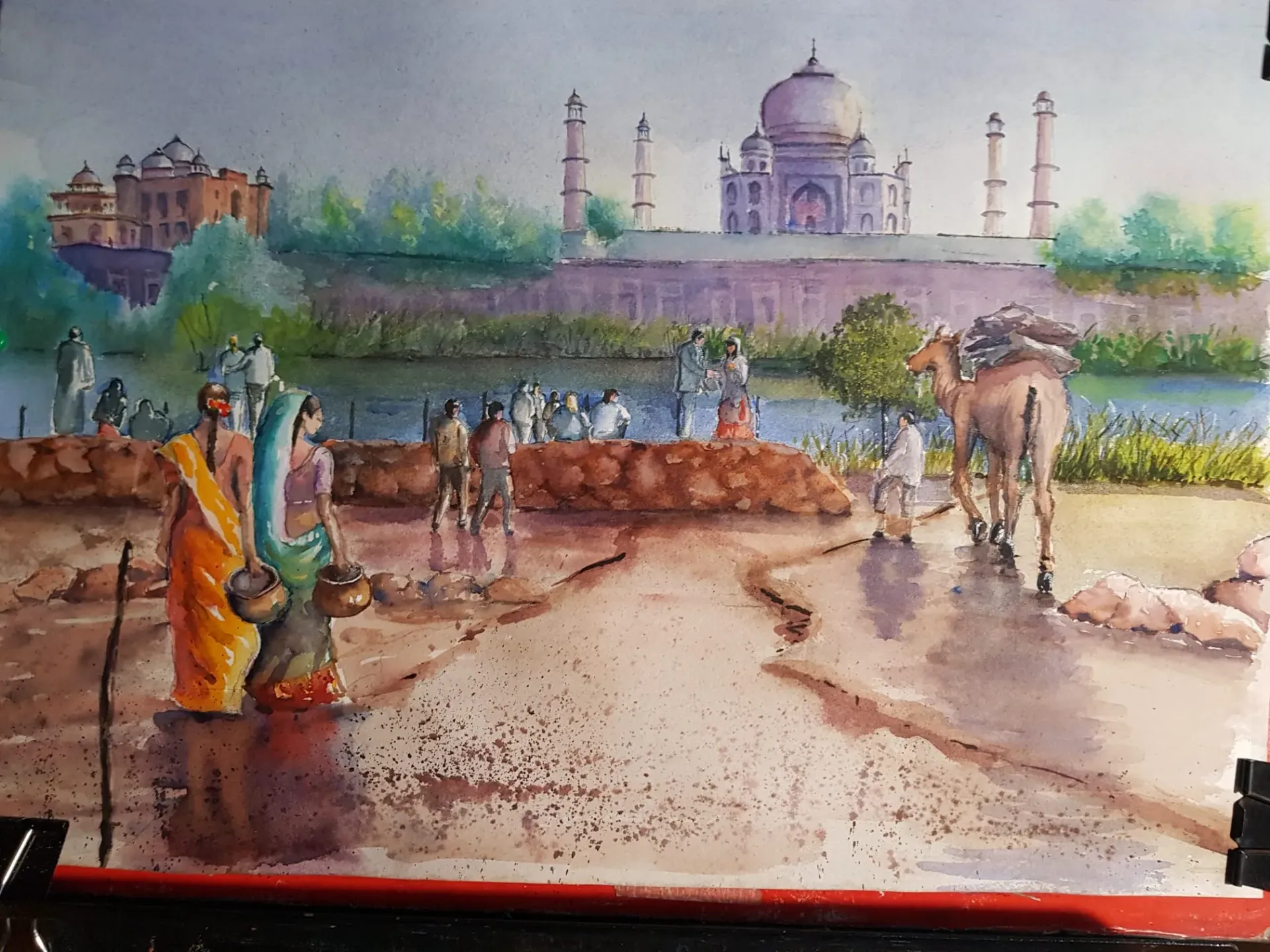 Vida diaria en la sombra del Taj Mahal: Una mirada a través de la acuarela